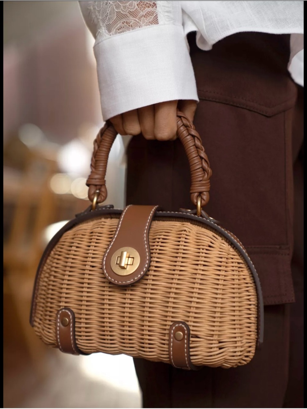 Zara Woven Mini Top-Handle Bag in Natural Brown